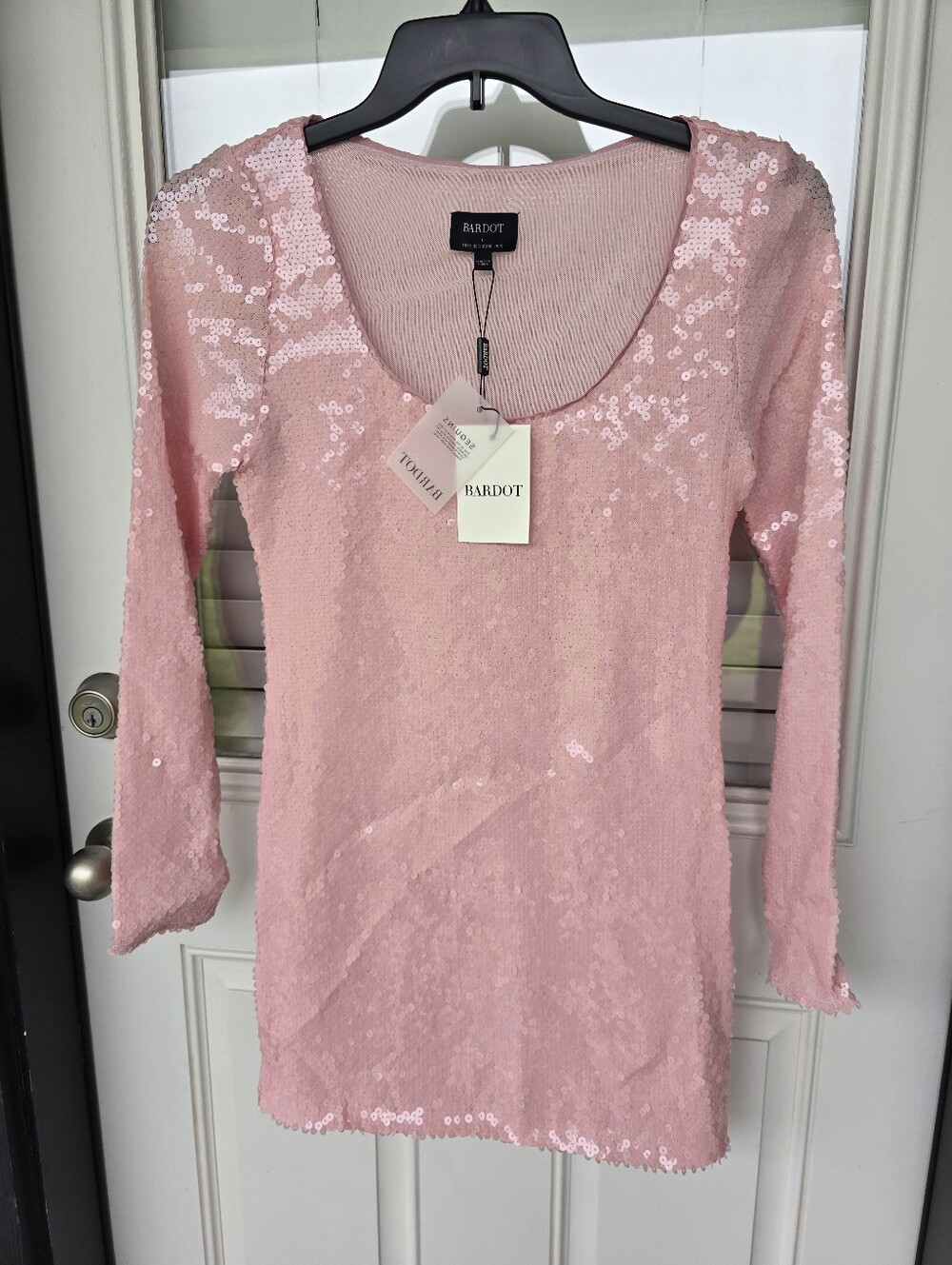 Anthropologie Bardot Pink Sequin Dress Sz S Long Sleeve Scoop Neck Cocktail NWT - Picture 2 of 10